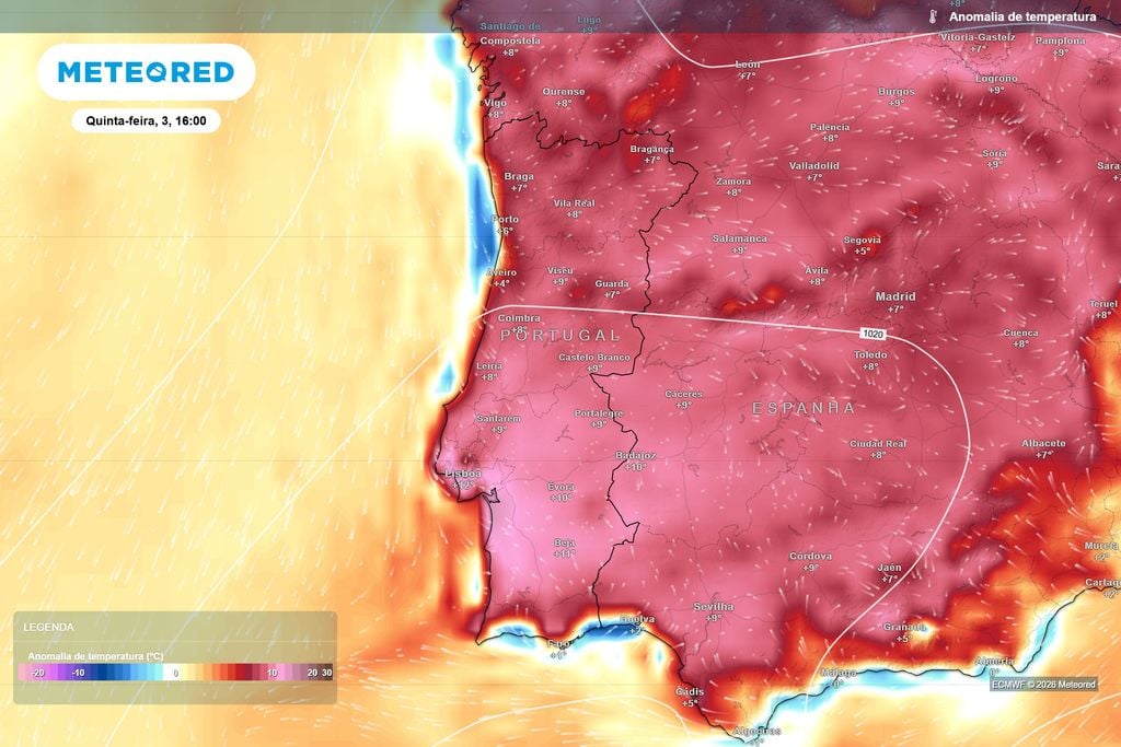 As anomalias positivas dominarão Portugal continental na quinta-feira, podendo atingir +12 ºC em Lisboa e cerca de +10/+11 ºC em várias regiões do Sul.