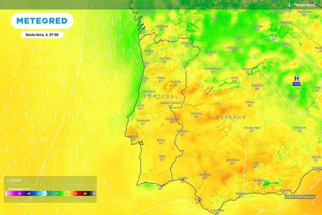 Às 07:00 de sexta-feira, várias cidades continuarão acima dos 20 ºC, com cerca de 26 ºC em Portalegre e 24 ºC em Lisboa.