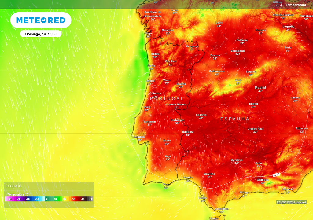 Temperatura máxima prevista para sexta-feira, 12 de junho, às 16h Os valores poderão ultrapassar os 35 ºC em várias regiões do interior de Portugal continental.