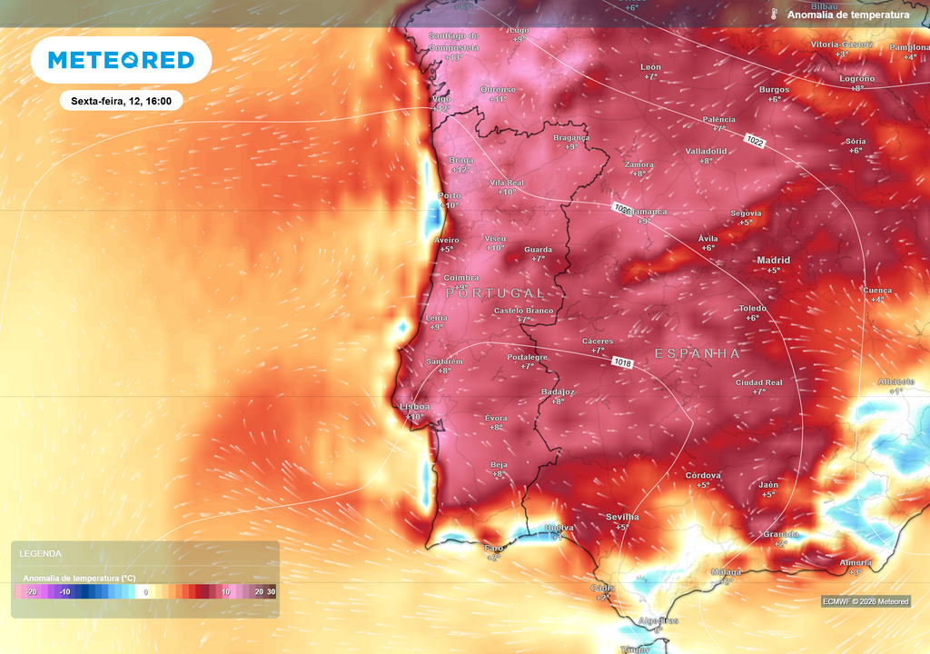 Anomalia da temperatura para sexta-feira, 12 de junho, às 16h As temperaturas deverão situar-se vários graus acima da média climatológica em grande parte de Portugal continental.