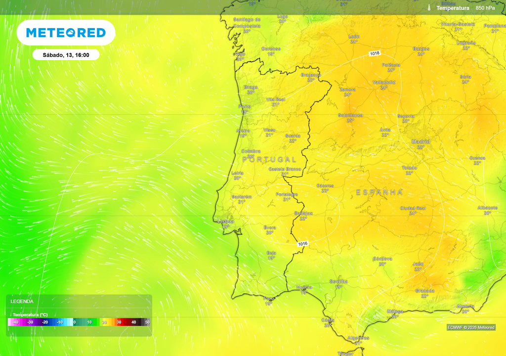 Temperatura a 850 hPa para sábado, 13 de junho, às 16h A massa de ar subtropical continuará a dominar a Península Ibérica durante o sábado.