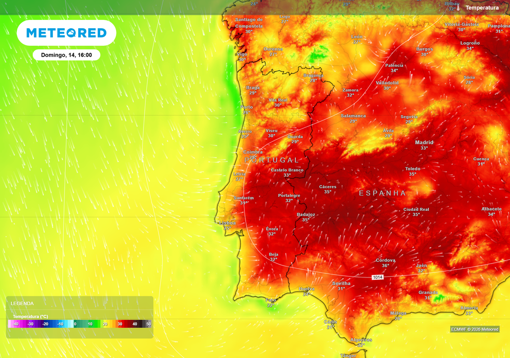 Temperatura máxima prevista para domingo, 14 de junho, às 16h Apesar da diminuição térmica, as temperaturas continuarão relativamente elevadas em várias regiões do país.