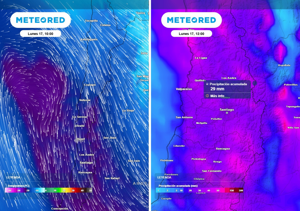 mapas de temperatura en 500 hPa/precipitación acumulada Este lunes, una baja segregada dejará más precipitaciones durante la madrugada, acumulando un total cercano a los 30 mm en la capital.