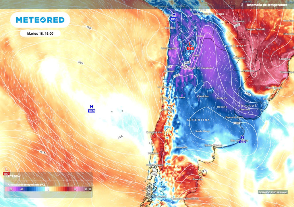 mapa de anomalía de temperatura e isobaras A partir del martes, el predominio anticiclónico favorecerá el alza térmica en las tardes.