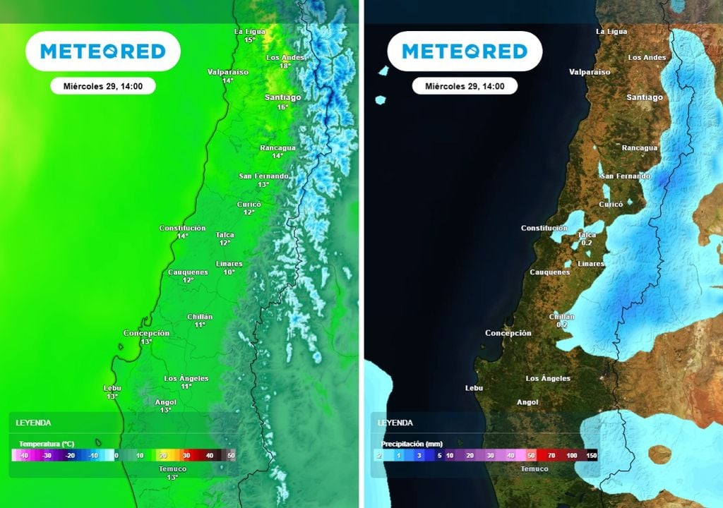 Temperaturas templadas en la zona central y precipitaciones débiles en cordillera, serán los protagonistas durante la jornada del miércoles.