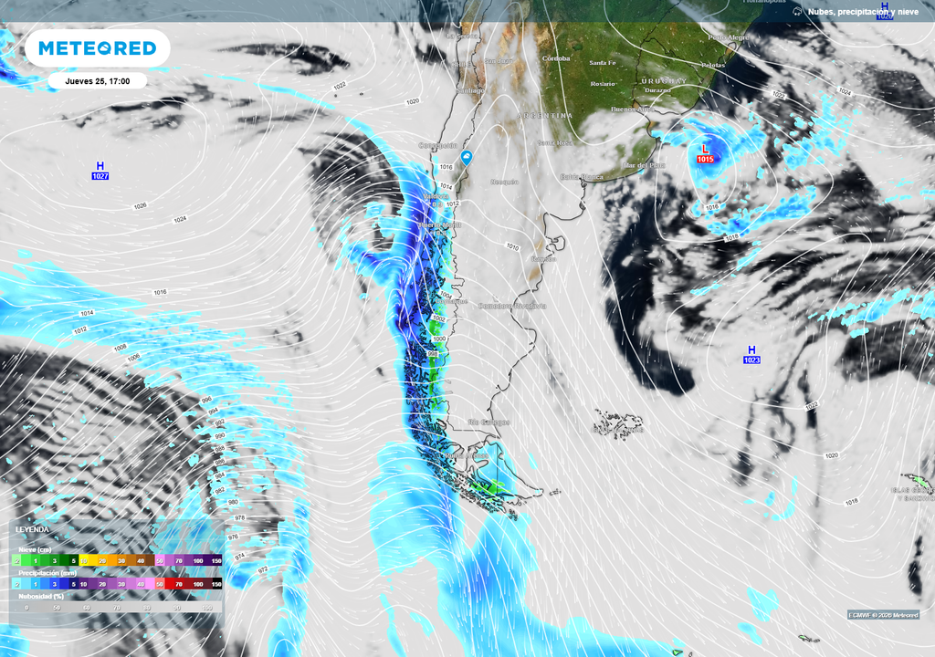 Este jueves 25 ingresa un sistema frontal a la Patagonia y avanzará por el sur hasta el centro sur.
