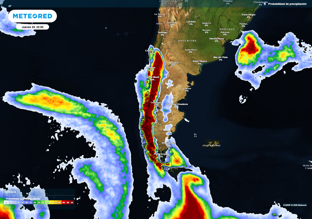 El sistema frontal avanzará por Chile y la probabilidad de lluvia se extenderá desde Magallanes hasta Ñuble.