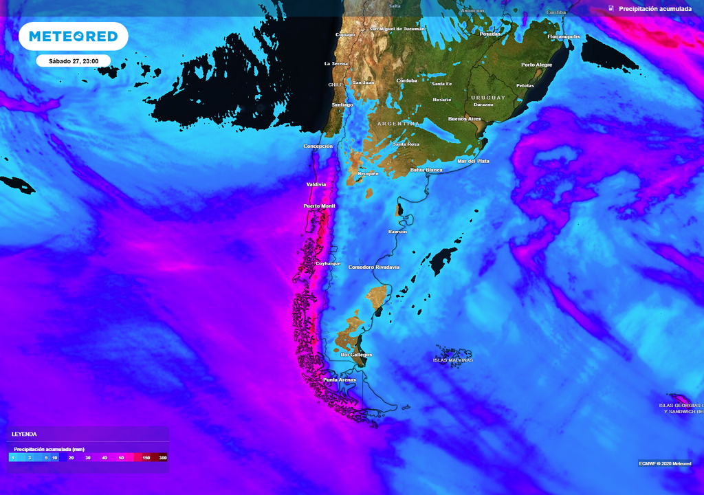 mapa de precipitación acumulada. Montos previstos debido al ingreso de sistema frontal a partir del jueves desde Magallanes hasta el Ñuble.