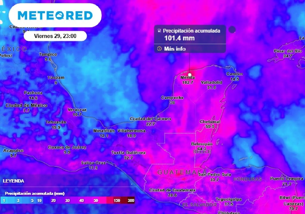 El mayor acumulado de lluvia se prevé hacia la Península de Yucatán. El mayor acumulado de lluvia se prevé hacia la Península de Yucatán.