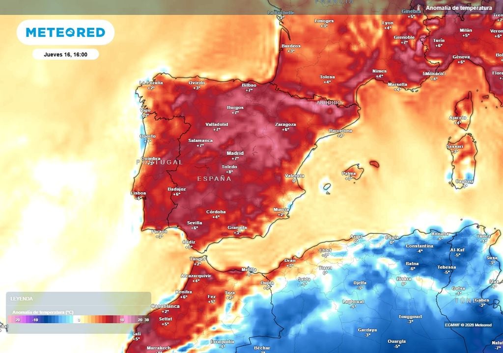 Anomalías cálidas Mapa con las anomalías de temperatura previstas en la Península y Baleares mañana jueves a las 16 h.