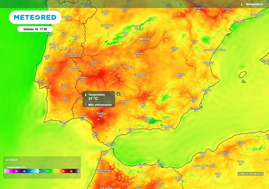 Máximas del sábado Temperaturas máximas previstas en la mitad sur peninsular el próximo sábado.