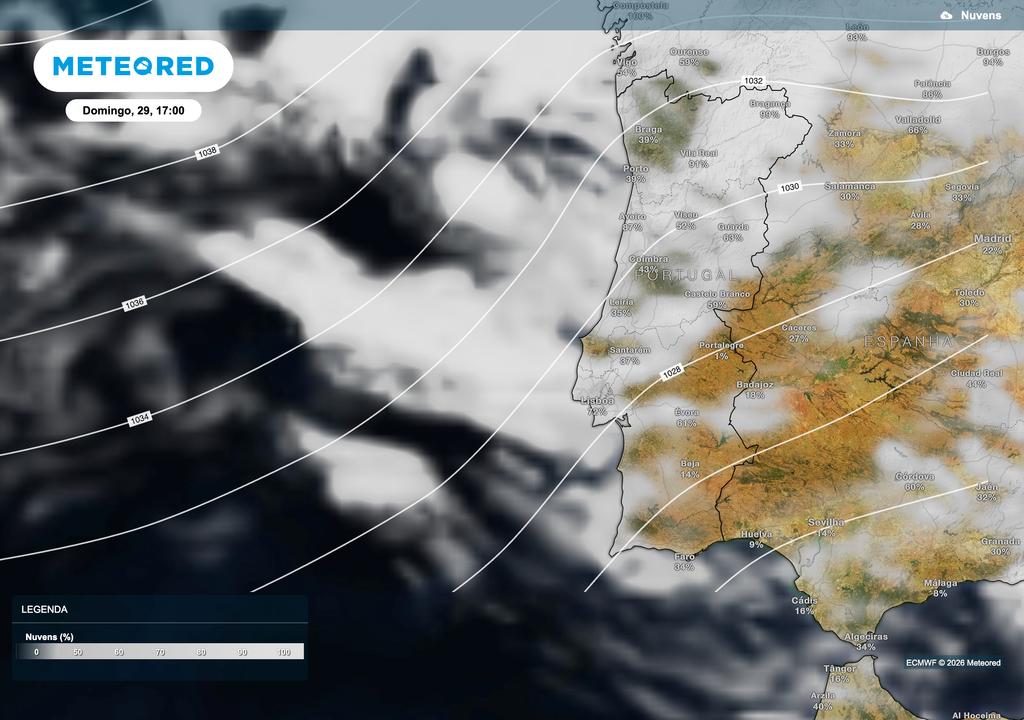 O padrão atmosférico favorece tempo estável, com maior abertura de céu no interior e sul do país. A faixa litoral, sobretudo a norte, poderá manter alguma nebulosidade baixa, típica de circulação marítima, mas sem impacto relevante. Predomina um cenário seco e relativamente limpo na maior parte do território.