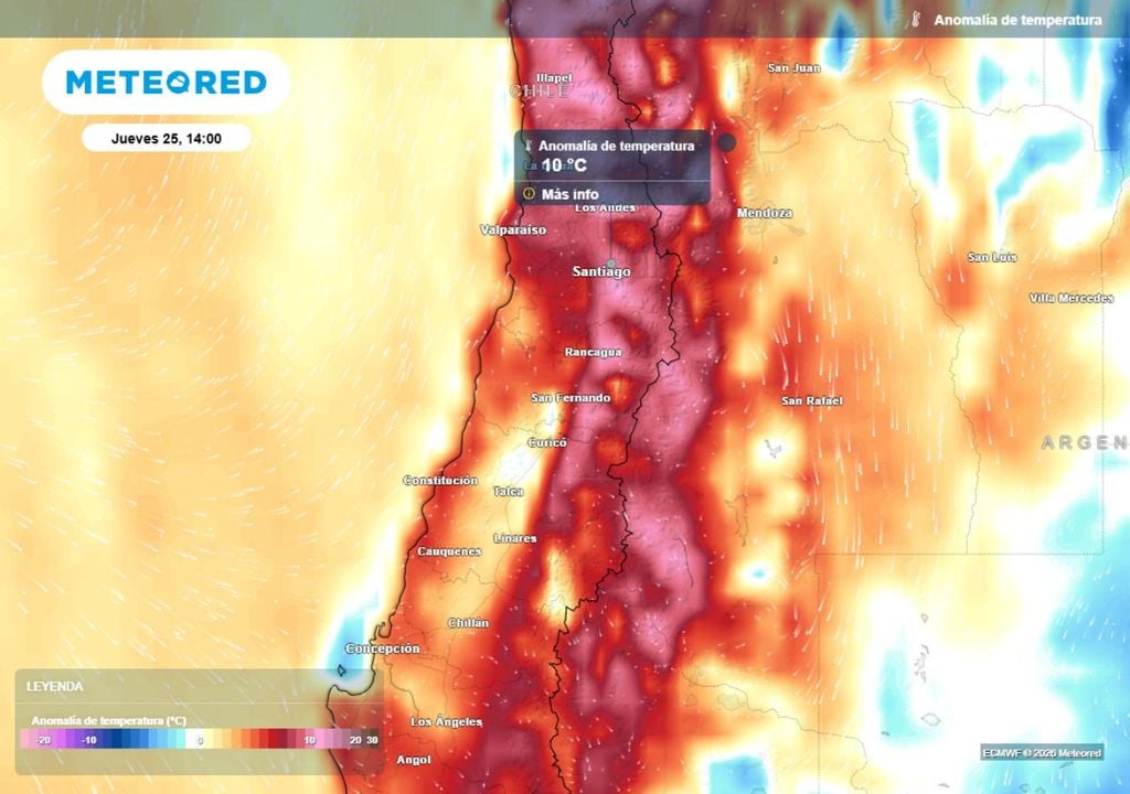 mapa de anomalía de temperatura El jueves aumentará bastante la temperatura en la zona central, con valores superiores a los normales para la época.
