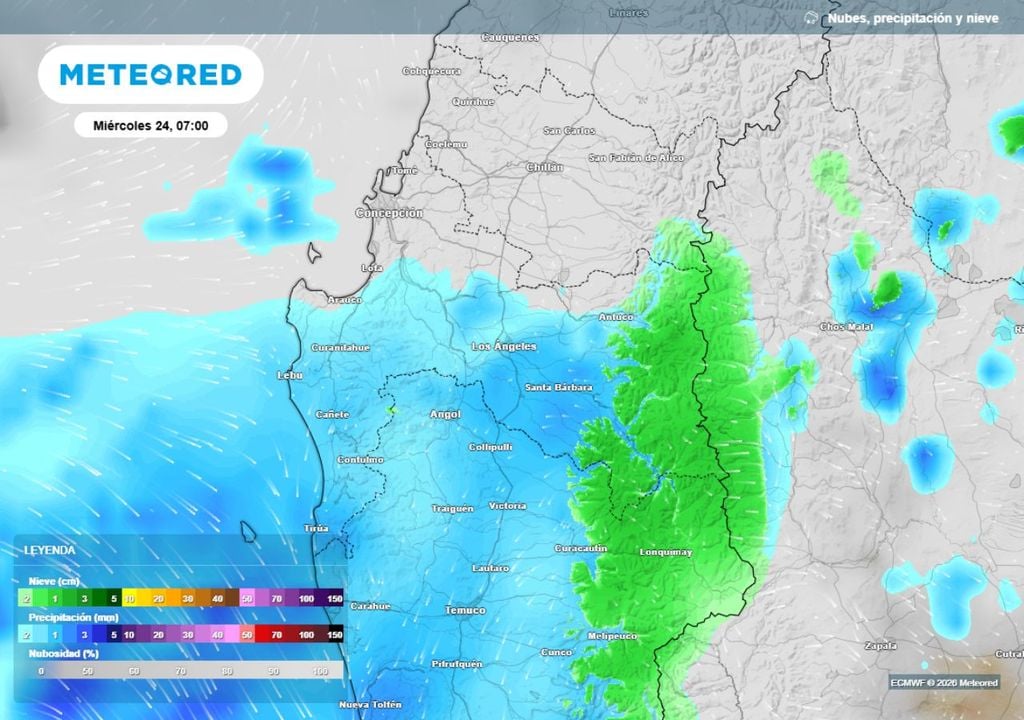 mapa de precipitaciones Se prevén precipitaciones en el sur del Biobío desde el miércoles en la mañana.