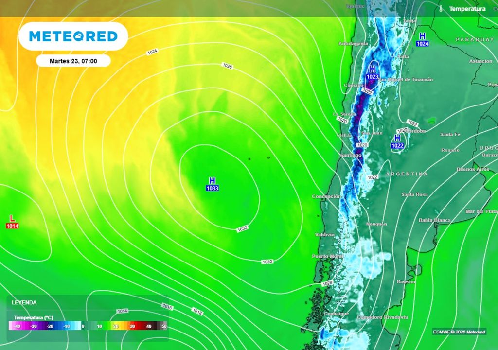 mapa de temperatura con isobaras Una alta fría seguirá dejando mínimas bajo cero grados durante este martes.