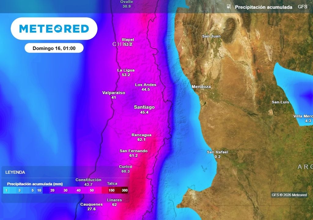 GFS Modelo norteamericano fija los acumulados sobre los 40 mm en los próximos días, sin embargo, el modelo europeo prevé registros ligeramente sobre los 25 mm para Santiago.