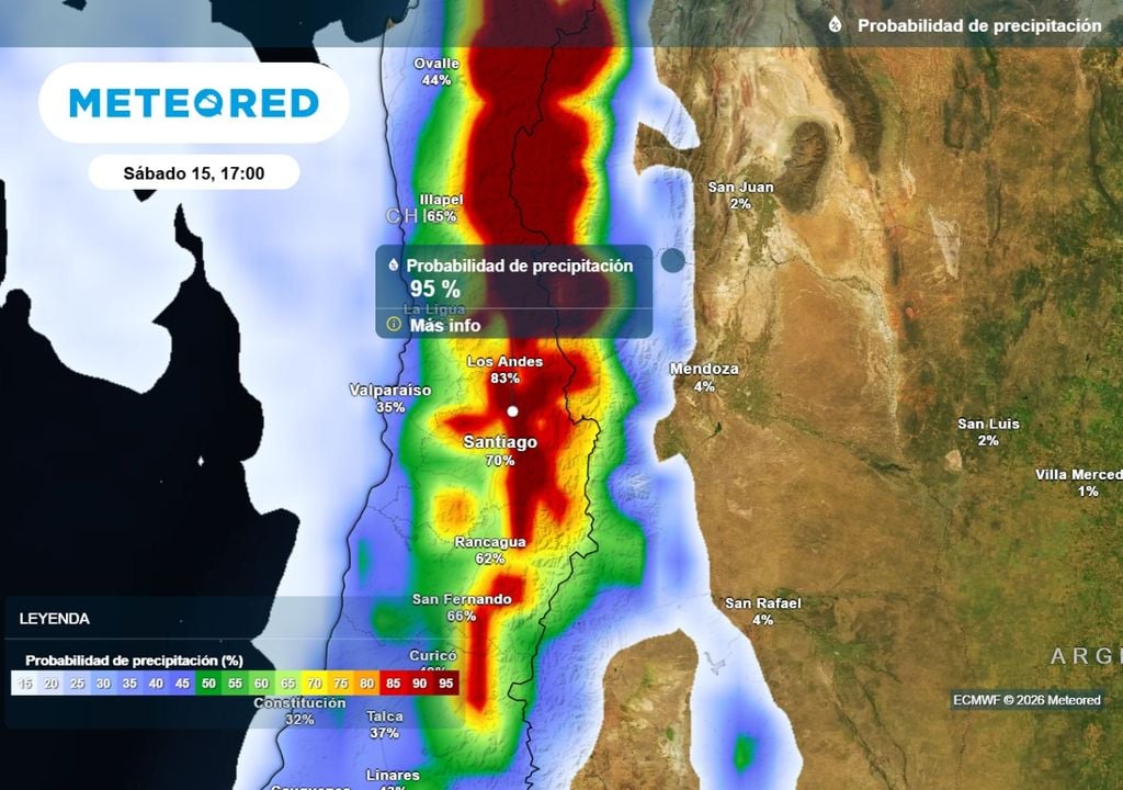 Probabilidad ECMWF Probabilidad de ocurrencia de lluvias para Santiago ronda ya el 70 %, aunque otras localidades superan el 90 %.