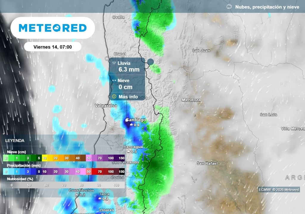 ECMWF Si bien no se espera una lluvia compacta y constante como suele suceder mayormente con los sistemas frontales, algunas zonas podrían presentar chubascos intensos en la RM.