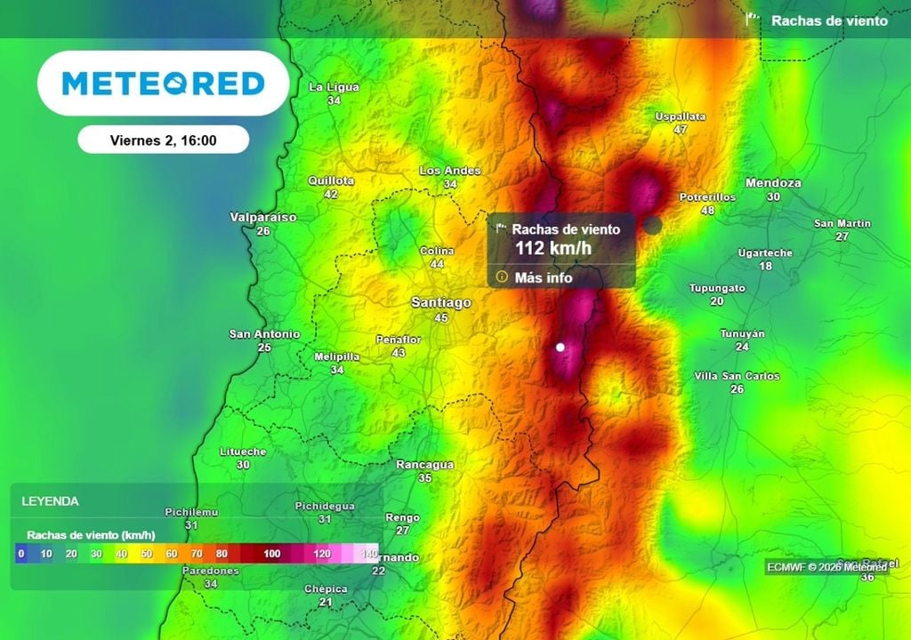 Rachas de viento Fuerte incremento de las rachas de viento este viernes: en Santiago llegarían hasta 45 km/ y en cordillera más de 100 km/h.