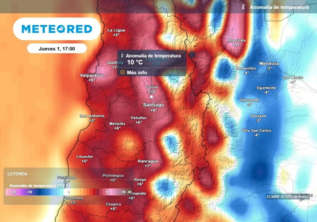 Anomalías Anomalías de temperatura del ECMWF confirman el alza en Santiago: tendremos hasta 10 °C por encima de lo esperado en esta época.