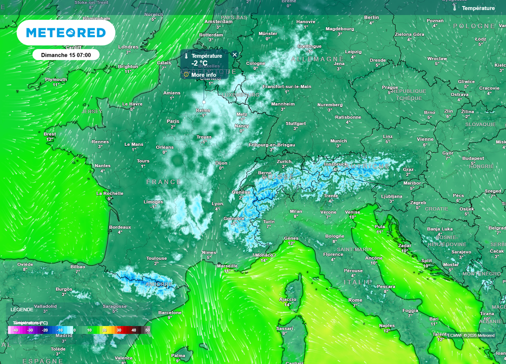 Dimanche matin, le gel fera son retour, avec des températures souvent comprises entre 0 et -3°C sur le Nord et le Nord-Est du pays (voire dans les terres aquitaines).