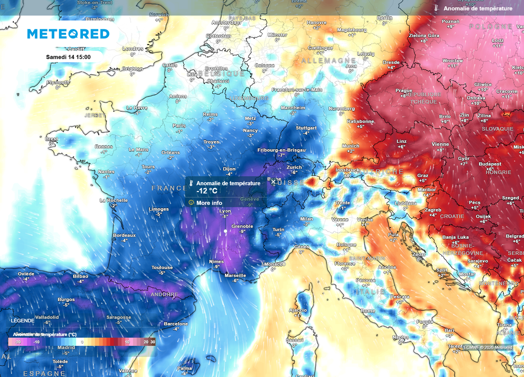 Samedi après-midi, les températures seront parfois 4 à 5°C sous les moyennes de saison, jusqu'à 10 à 12°C en-dessous sous les pluies de la vallée du Rhône !