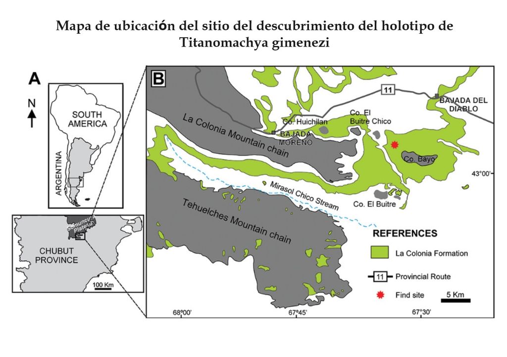 Mapa de ubicación del sitio del descubrimiento del holotipo de Titanomachya gimenezi Mapa de ubicación del sitio del descubrimiento del holotipo de Titanomachya gimenezi