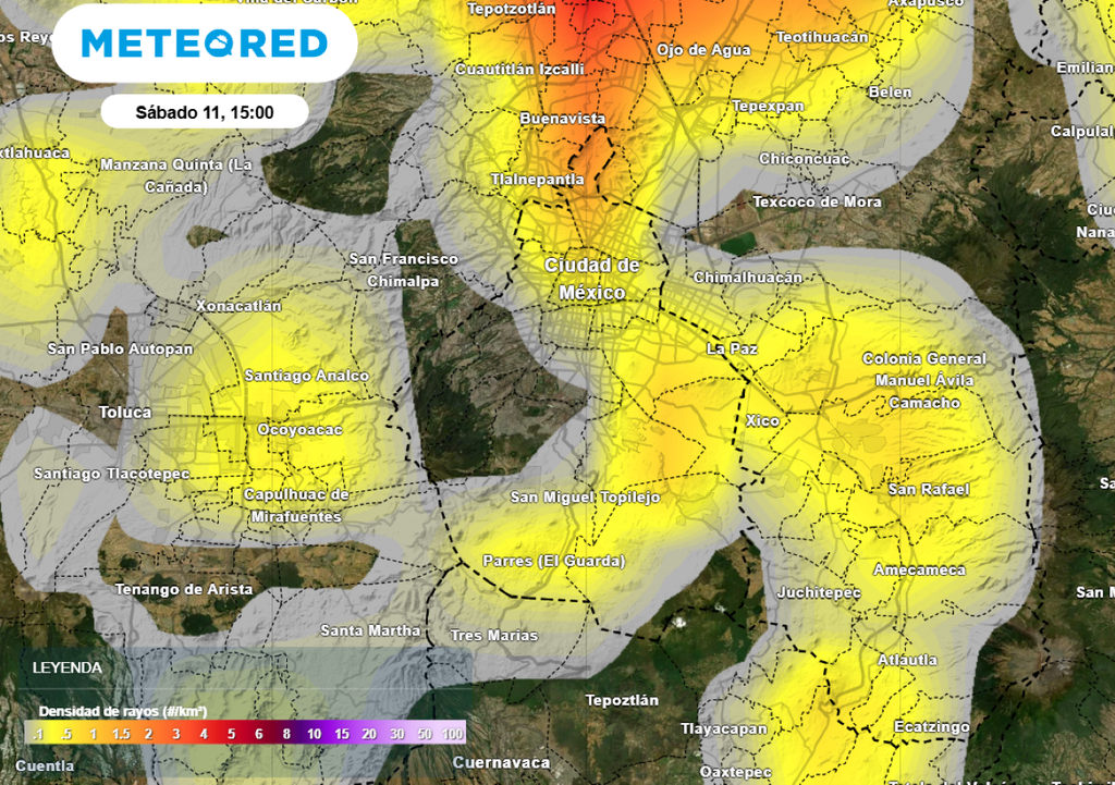 Aproximadamente a las 15:00 horas se presentará la mayor presencia de tormentas eléctricas en el norte de la ciudad.