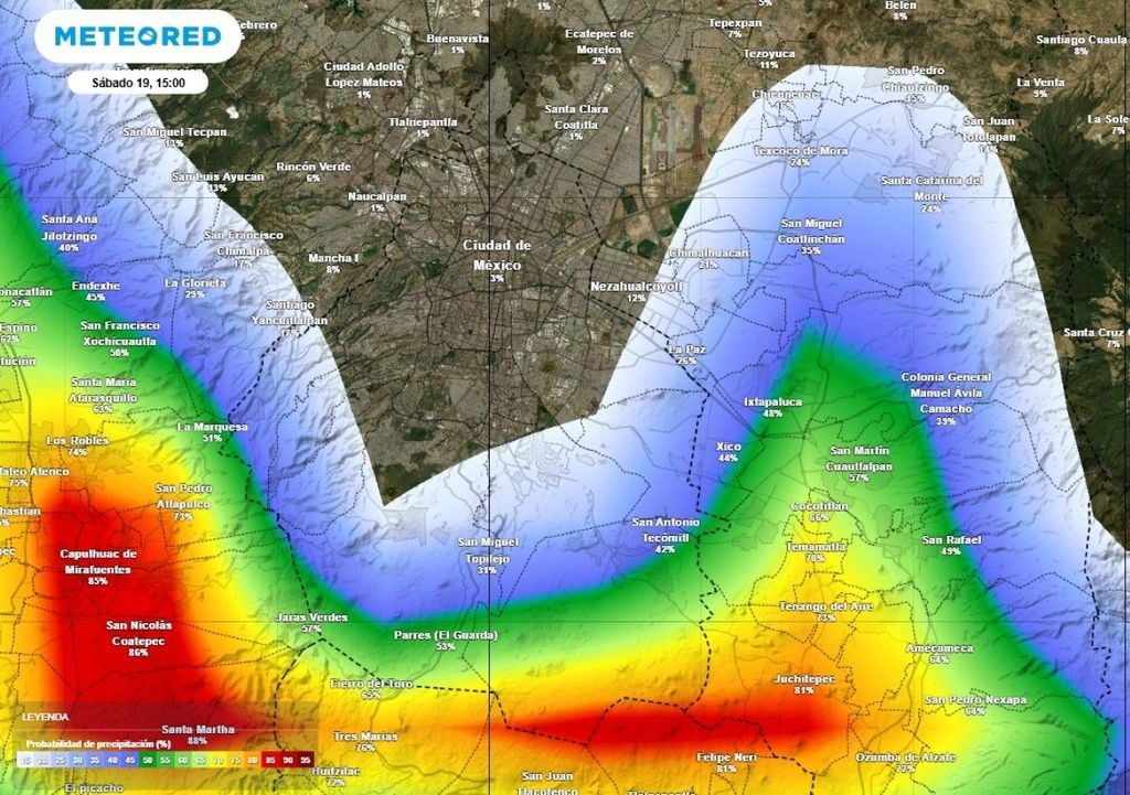 La probabilidad de lluvias será superior al 90% este sábado 19 de septiembre en zonas serranas de alcaldías del sur esta tarde y noche. La probabilidad de lluvias será superior al 90% este sábado 19 de septiembre en zonas serranas de alcaldías del sur esta tarde y noche.