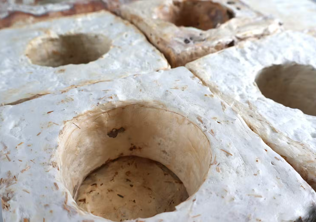 Perfuração circular realizada a partir de painéis compostos à base de micélio.