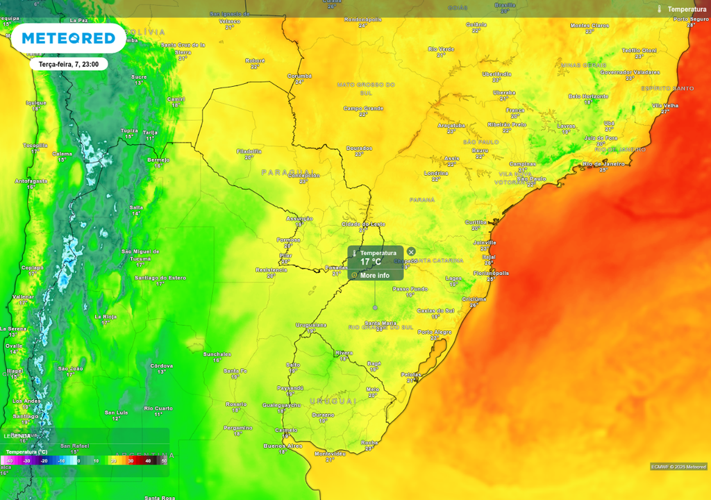 Previsão de temperatura na noite de terça-feira (7), de acordo com o ECMWF.