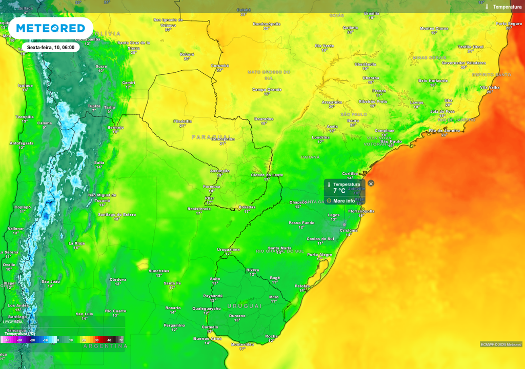 Previsão de temperatura mínima nesta sexta-feira (10), de acordo com o EMCWF.