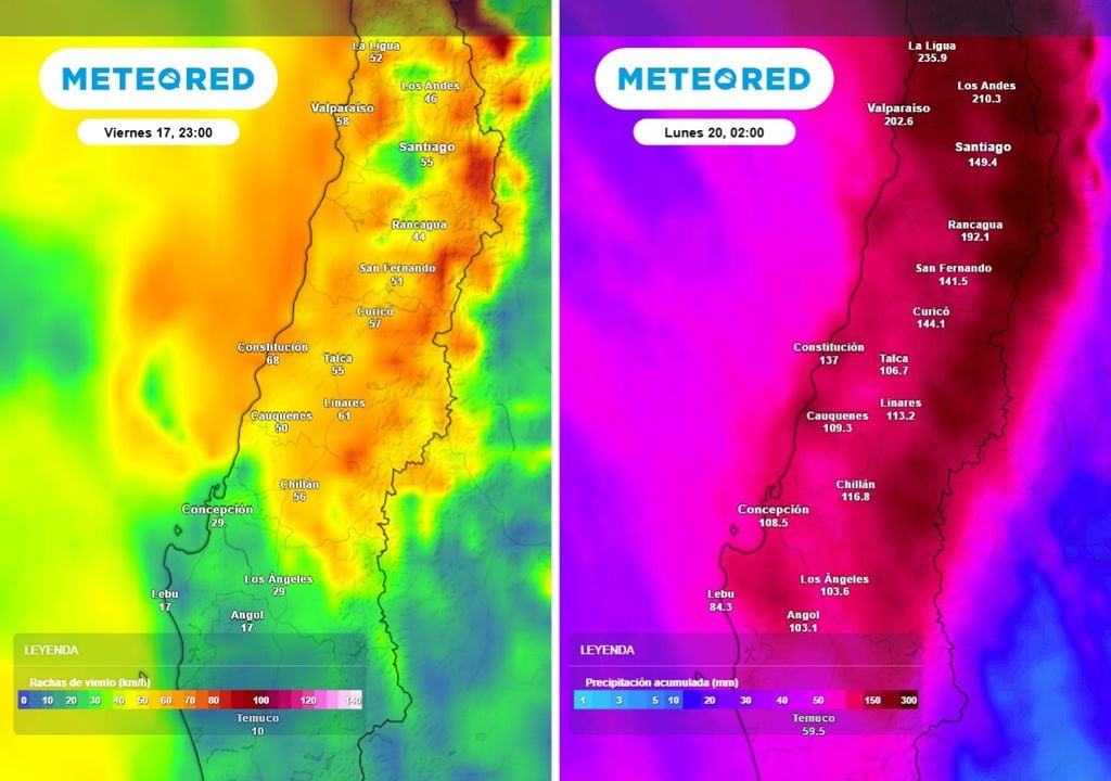 Resumen de los dos factores más peligrosos de este evento. Intensas rachas de viento durante el día viernes y montos excesivamente altos acumulados sobre Chile central hasta el día domingo.