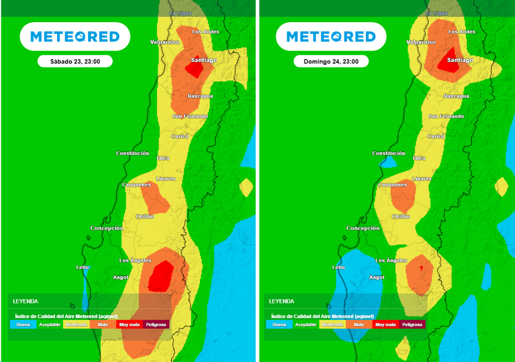 Alerta en los valles: las áreas coloreadas en rojo muestran los sectores interiores que registrarán una mala calidad del aire durante el fin de semana.
