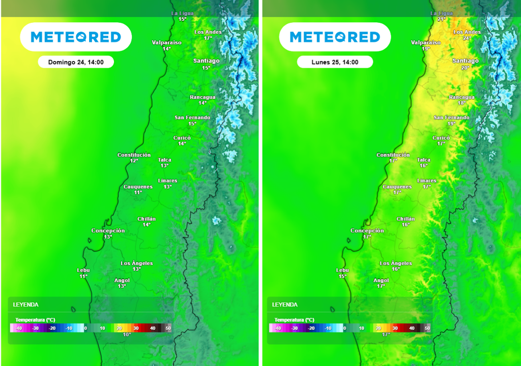 Evidente ascenso térmico: la comparativa entre domingo y lunes muestra el alza en el centro-norte, alcanzando los 19 °C en la costa y superando los 20 °C en los valles interiores.