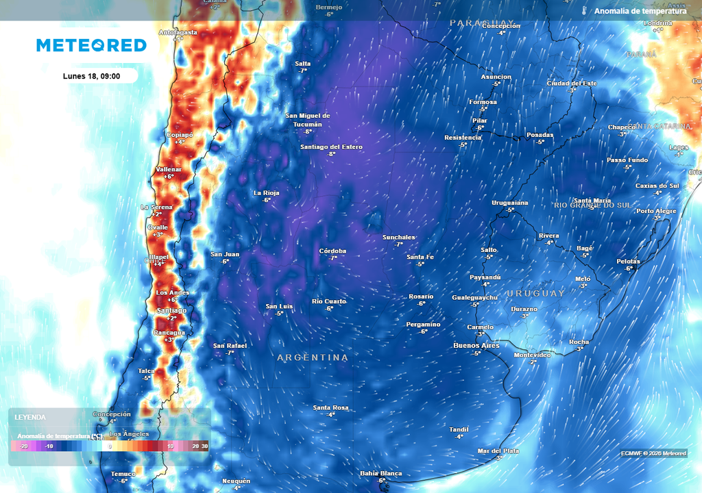 Pronóstico, Clima, Tiempo, Argentina, Heladas, Frío, Temperaturas, Pampeana, Lluvias, Frente Frío, Agro, Cosecha, Estabilidad, Mayo Anomalía de temperatura prevista para el próximo lunes según el modelo ECMWF