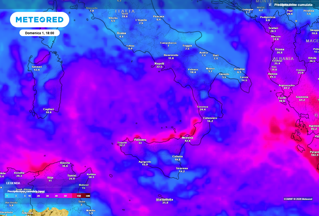 Piogge accumulate entro domenica sull'Italia Sicilia e Calabria le regioni più esposte con accumuli anche importanti