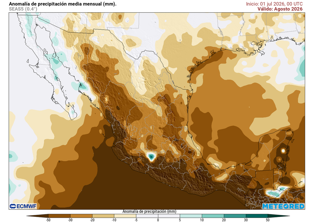 El déficit de lluvias dominará al país, prevaleciendo el ambiente muy caluroso típico de verano. No obstante, periodos de lluvias intensas se pronostican en la mitad centro-sur y occidente.