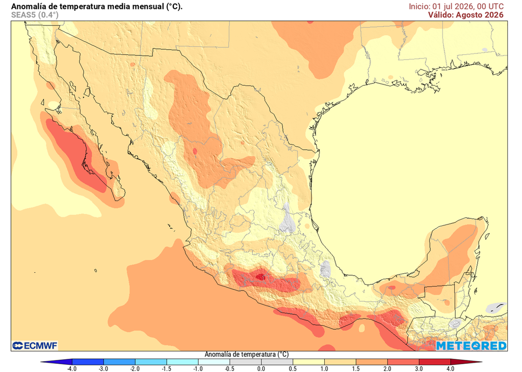 Valores por encima de lo habitual, indicando más calor, se prevén en la mayor parte de México con lo más extremo en el norte y estados costeros superando los 40 °C.