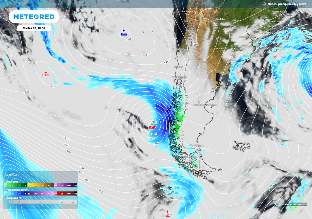 precipitaciones previstas Sistema frontal que llegará a Chile con lluvias y nevadas durante el martes 23 de junio.