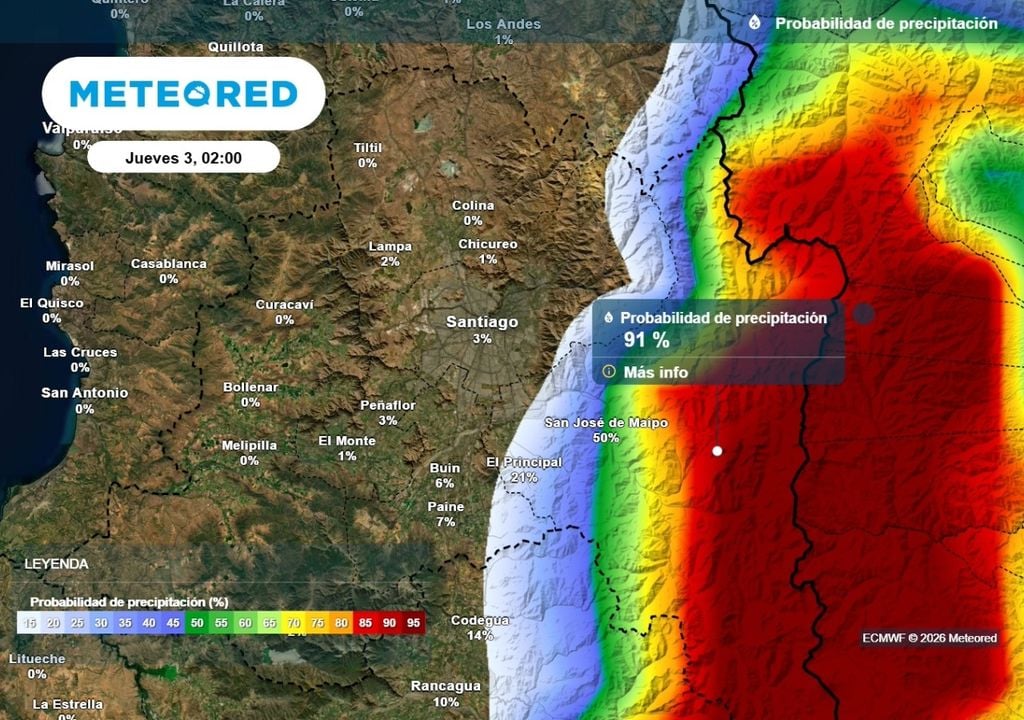 Probabilidad de precipitación Casi nula probabilidad de lluvias en Santiago y más de un 90 % de posibilidades en zonas cordilleranas durante la madrugada del jueves.