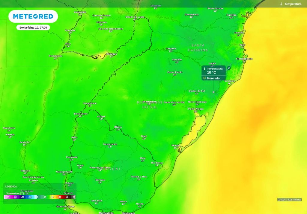 Previsão de temperatura mínima nesta sexta-feira (10), de acordo com o ECMWF.