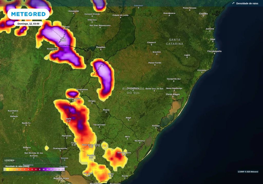 Previsão de tempestades sábado (11), de acordo com o ECMWF.