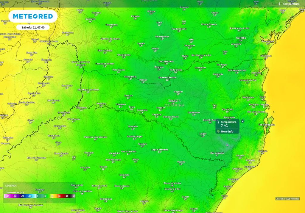 Previsão de temperatura mínima no sábado (11), de acordo com o ECMWF.