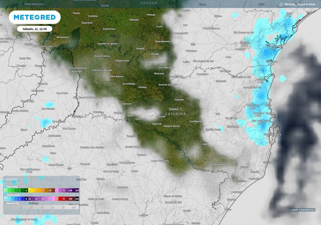 Previsão de chuva e nebulosidade no sábado (11), de acordo com o ECMWF.