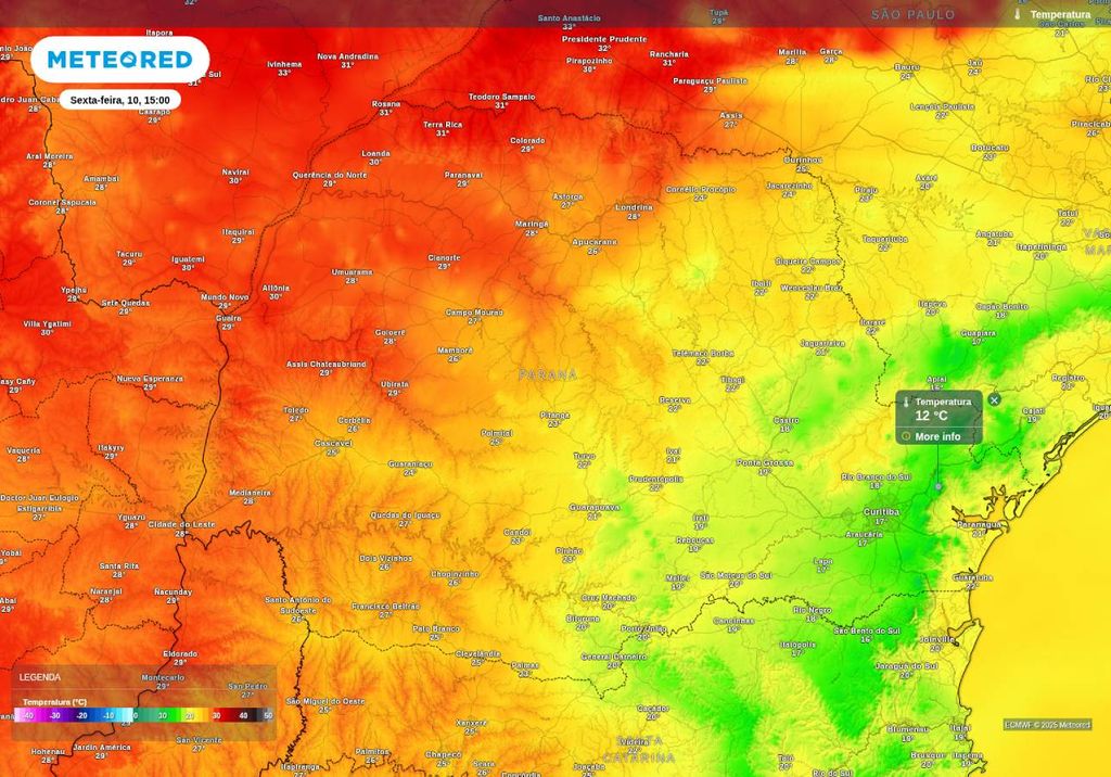 Previsão de temperatura máxima na sexta-feira (10), de acordo com o ECMWF.