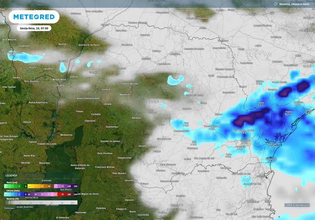 Previsão de nuvens e chuva na sexta-feira (10), de acordo com o ECMWF.