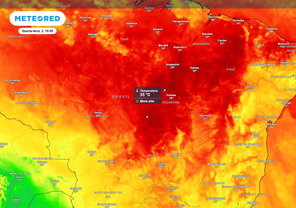 Previsão de temperaturas máximas nesta quarta-feira.