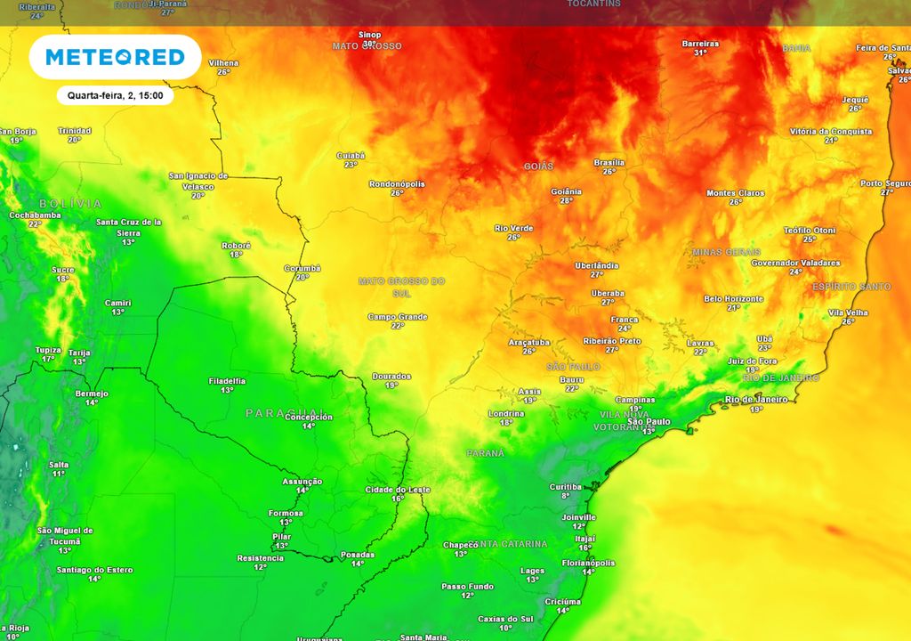 Previsão de temperaturas nesta quarta-feira durante a tarde.
