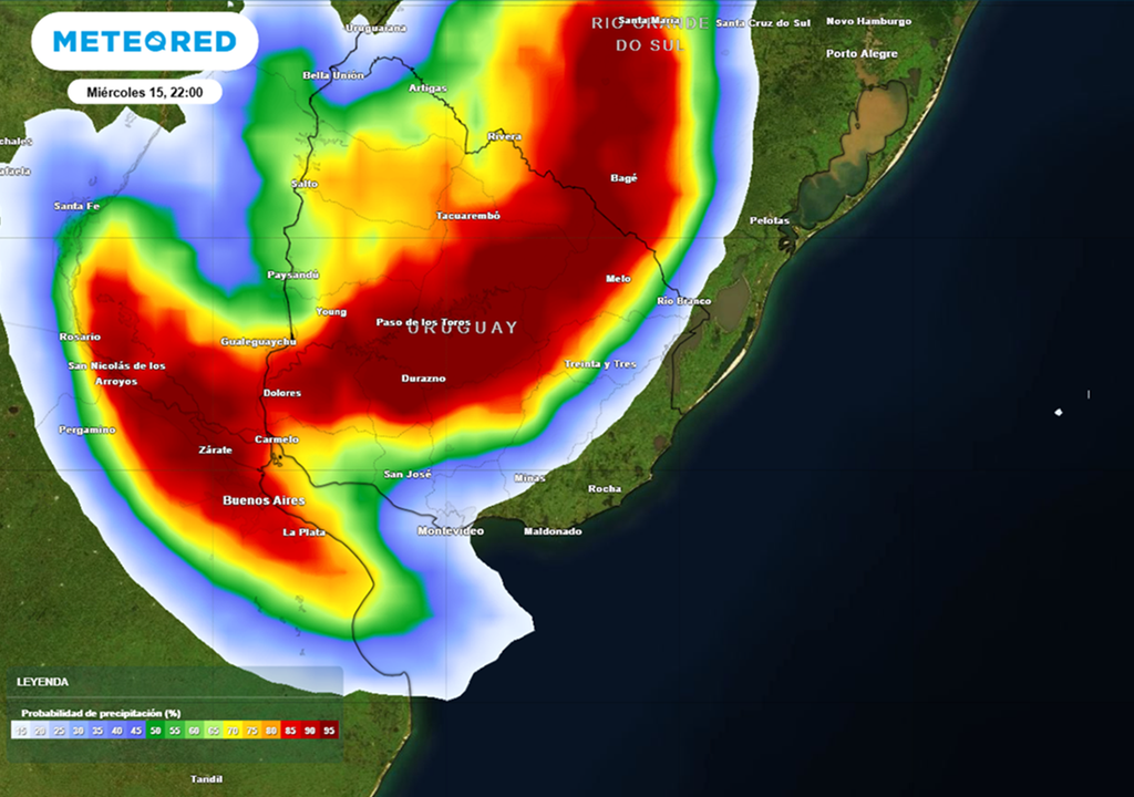 Probabilidad de precipitaciones según el modelo ECMWF en torno a las 22 HOA del miércoles 15.